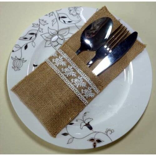 Eco-friendly Natural Jute Cutlery Pocket Knife and Fork Burlap Lace Tableware Bag for wedding party supplies free shipping