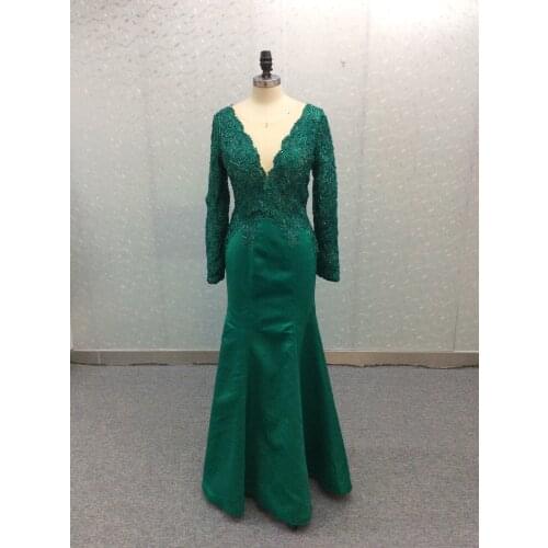 Long Sleeve V-Neck Mermaid Green Lace Evening Dresses Satin Floor Length Zipper Back Formal Party Dresses for Women