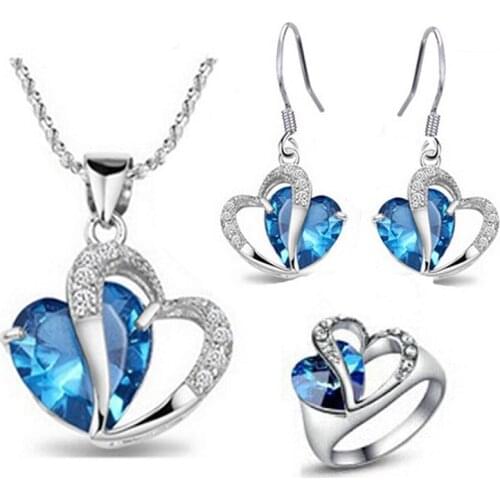 Heart in the sea sets package setting cubic zirconia necklace earrings rings set fashion color party jewelry sets for woman