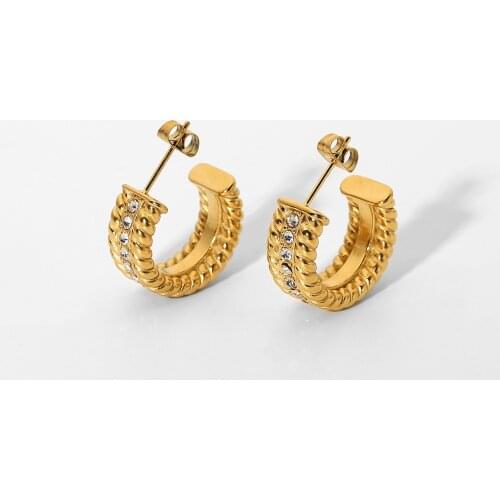 Tarnish Free Stainless Steel CC Shape Twist Crystal Rhinestone Hoop Earrings For Women Thick Stud Earrings Jewelry