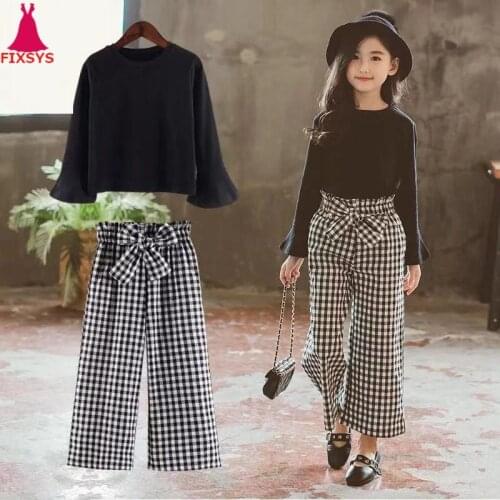 2020 Kids Girls Clothes Sets Long Sleeve T-shirts + Plaid Wide Leg Pants Autumn Childrens Clothing Teenage for 7 8 10 12 Years