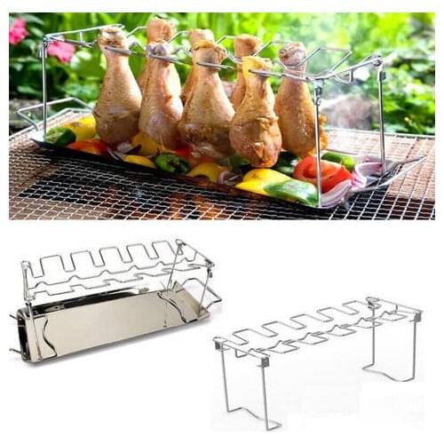 Stainless Steel BBQ Chicken Wing Leg Grill Rack Foldable Vertical Roaster Chicken Holder with Drip Pan Oven Roaster Stand