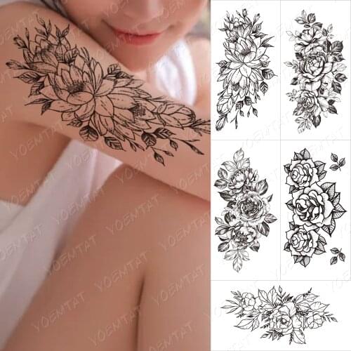 Realistic Flower Waterproof Temporary Tattoo Stickers 3D Rose Lotus Line Jasmine Floral Tatto Body Art Fake Tattoos Women