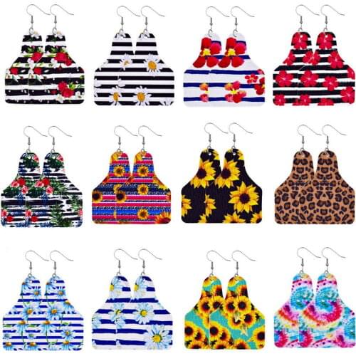 Sunflower Daisy Print Vegan Leather Cow Ear Tag Shape Earrings for Women Tie Dye Volution Fall Earrings 2021 Boutique Jewelry