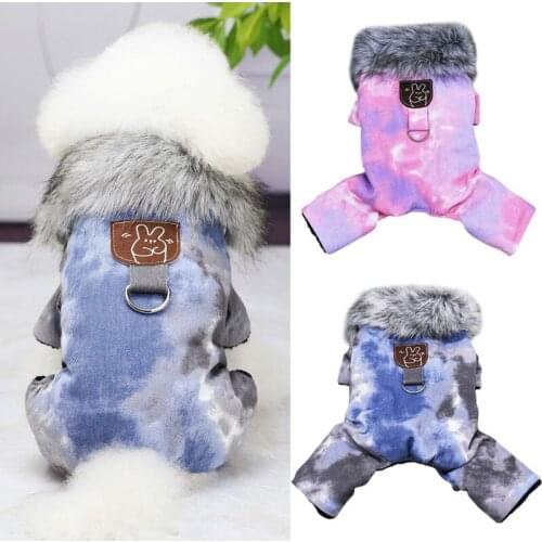 Denim Pet Dog Jumpsuits Fleece Puppy Cat Hoodie Jean Coat Four Feet Winter Clothes For Small Dogs Teddy Yorkies Tie-dye Overall