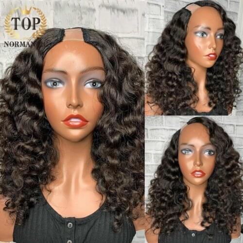 Topnormantic U Part Deep Curly Human Hair Wig Indian Natural 1B Color Remy Human Hair Glueless Wig Deep Wave Wig For Black Women