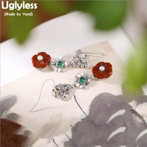 Uglyless Vintage Ethnic Hollow Insect Butterfly Earrings Women Real 925 Silver Flower Brincos Agate Plum Blossom Earrings E1830