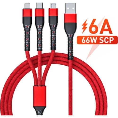 3 in 1 USB Cable 6A Fast Charging Wire Quick Charger Type-C/Micro USB/iOS Data Cable For Apple Android Mobile Phone Accessories