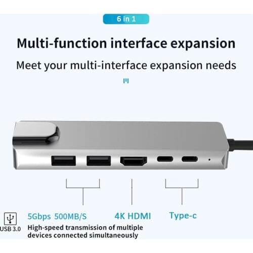 VKTECH USB Hub Adapter 6/5 in 1 USB Type C Hub Multiport Adapter with USB 3.0 2.0 RJ45 Ethernet USB C PD Charging Ports For PC