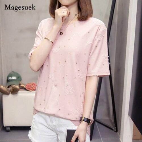 2021 Korea Style Casual Women Tops Clothes Summer Womens Blouse Short Sleeve Plus Size 4XL Women Shirt O-neck Loose 9021 50