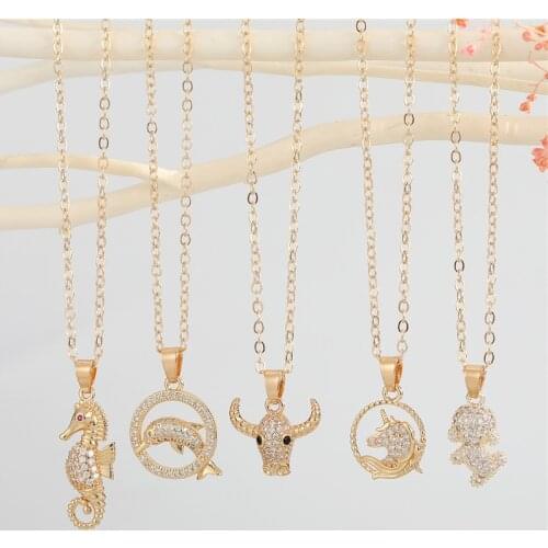 1Pcs Zircon Animal Unicorn Necklace For Women Jewelry Fashion Punk Shiny Seahorse Dog Cow Geometric Pendant Clavicle Chain N198