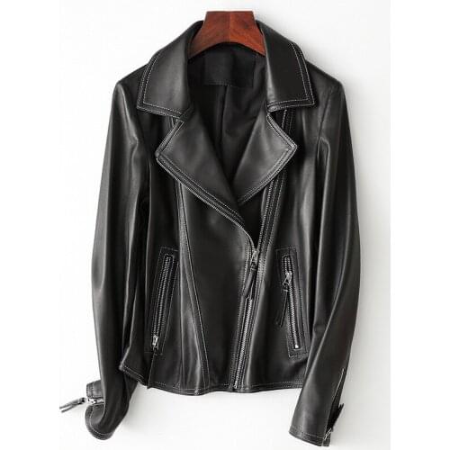 Real Sheep Ladies Jacket Luxury Lambskin Black Slim Genuine Leather Coat Lapel Motorcycle Biker Outwear Women Streetwear