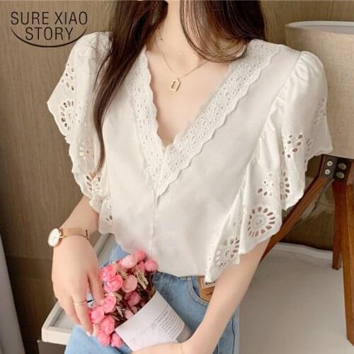 2021 Summer Lace Stitching Chiffon Shirt Ladies Korean V Neck Butterfly Short Sleeve Blouse Women Loose Hollow White Tops 15571