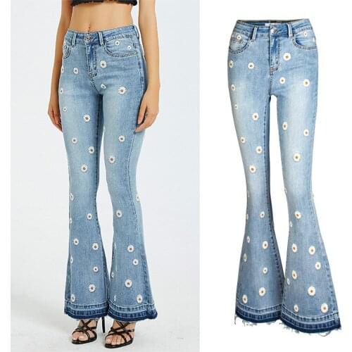 Daisy Embroidered Flared Jeans Women Clothing High Street Mid Wasit Pantalones De Mujer Traf Denim Trousers Plus Size Pants 4XL