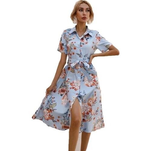 Summer Floral Print Women Shirt Dress 2021 Casual Turn-down Collar Short Sleeve Sashes Buttons Wrap Midi Dresses Vestidos