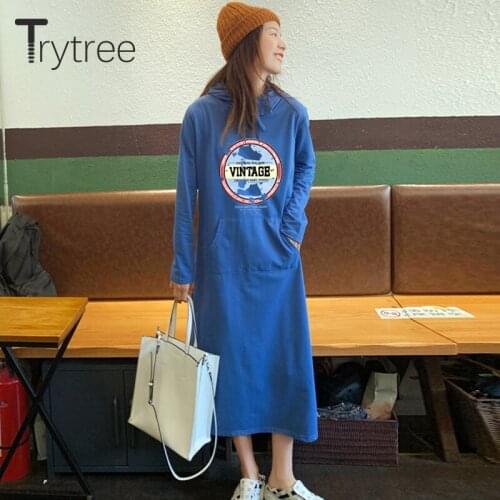 Trytree Spring Autumn Womens Dress Casual Japanes Printed Cotton Blended Straight Floral Mid-Calf Loose Hooded Dress Streetwear