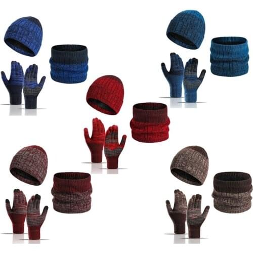 Unisex Winter 3Pcs Knitted Beanie Hat Scarf Non-Slip Touch Screen Gloves Set Thermal Plush Lined Skull Cap Neck Warmer