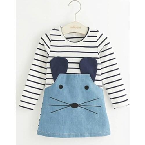 Girl Dresses Summer Spring Striped Patchwork Character Long Sleeved Cute Mouse Children Clothing Kids Dress Denim Kids Clothes