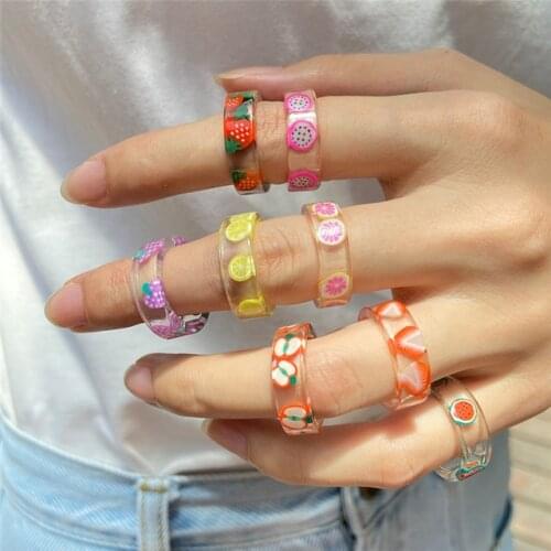 Docona 2021 Transparent Cartoon Fruit Acrylic Knuckle Rings for Women Men Colorful Lemon Strawberry Resin Ring Jewelry Anillos