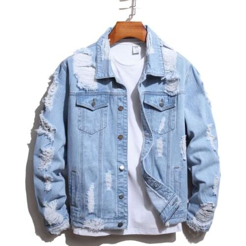 Autumn Winter New Denim Jacket Europe America Fashion Ripped Hole Blue Black Red Streetwear Trend Hip Hop Male Cowboy Apparel