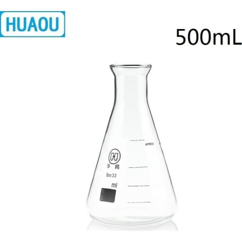 HUAOU 500mL Erlenmeyer Flask Open Horn Bell Mouth Narrow Neck Borosilicate 3.3 Glass Conical Triangle with Graduaition