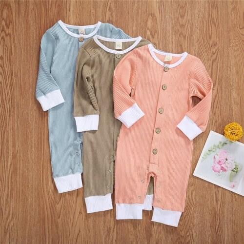Newborn Baby Boys Girls Knitted Jumpsuit O neck Long Sleeve Buttons Long Romper Overalls