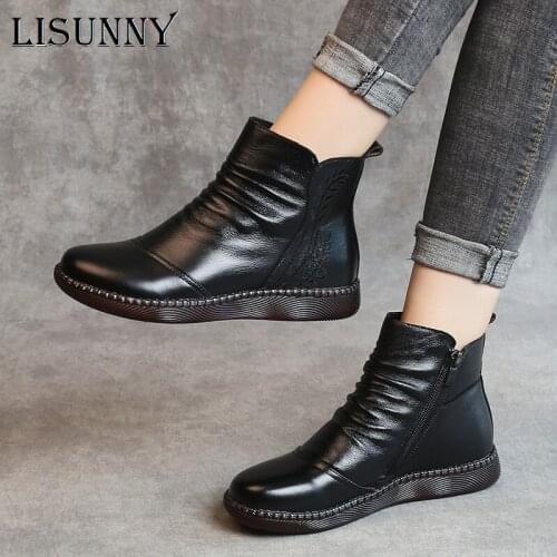 LISUNNY Vintage Genuine Leather Winter Boots For Women Flat Low Heel Waterproof Round Toe Zip Autumn Leather Ankle Boots Women