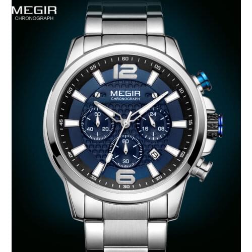 MEGIR Luxury Stainless Steel Watches Men 2020 Luxury Brand Chronograph Quartz Watch Man Blue Dial Waterproof Luminous Wristwatch