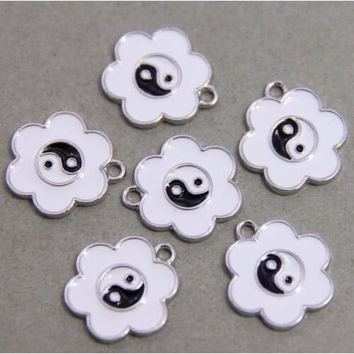 Colorful 24*22mm Enamel Cute Flower Charms Silver Color Metal Drip Oil Bagua Yin Yang Tai Chi Pendant DIY Bracelet Accessories