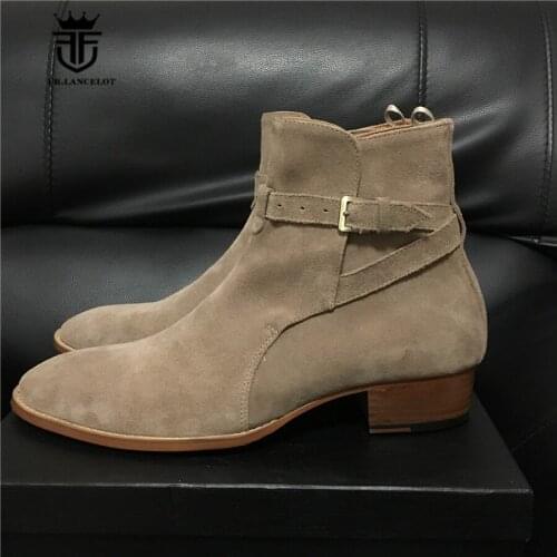 Wedge MID High Buckle Strap top quality suede leather Chelsea England Man Boots Pointed Toed Sand color Denim causal Boots