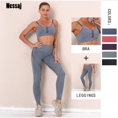 Nessaj Women 2pcs Seamless Sets Sport Suit Gym Workout Clothes Sexy Push Up Bra And High Waist Leggings Fitness Sports Tracksuit