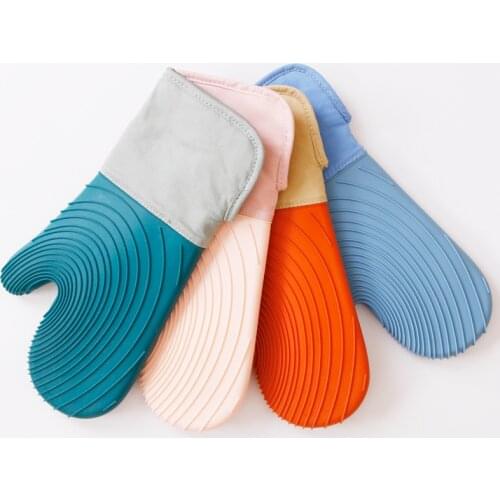 New Thickened Silicone Kitchen Gloves Heat Insulation Non-slip Microwave Oven Mitts Lined Cotton Gloves BBQ Kitchen Baking Tool