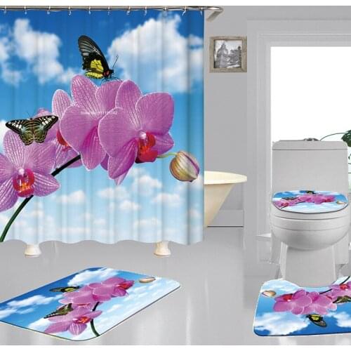 New Flowers and Plants High-definition Digital Printing Shower Curtain Bathroom with Hook Waterproof Shower Curtain 4-piece Set