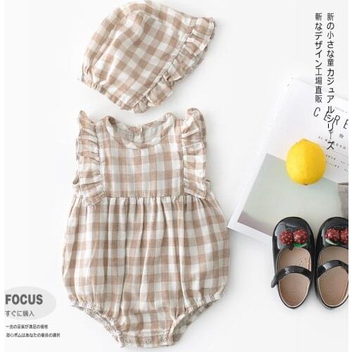 2019 NEW Baby Girls Clothes Summer Sunsuit Plaid Casual Print Princess Rompers+Hat Brief Set Infant Outfit Girl Jumpsuit Clothes