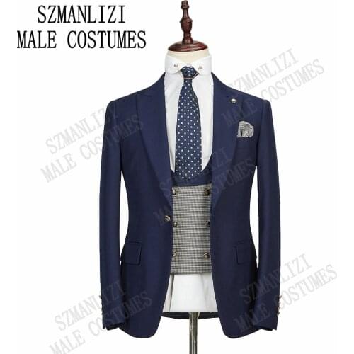 2020 New Design Navy Blue Blazer Formal Men suits Peaked Lapel Wedding Party Costume Slim Fit Suits Tuxedo Prom Suit For Wedding
