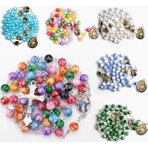 9 style Colorful Classic Beads Prayer Rosary Jesus Cross Pendant Necklace Stylish Catholic Religious Jewelry Necklaces For Women