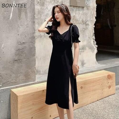 Dress Women Side-slit Elegant Shirring Summer V-neck Leisure Ulzzang Harajuku Female Retro Soft Temperament Fashion Ins Vestidos