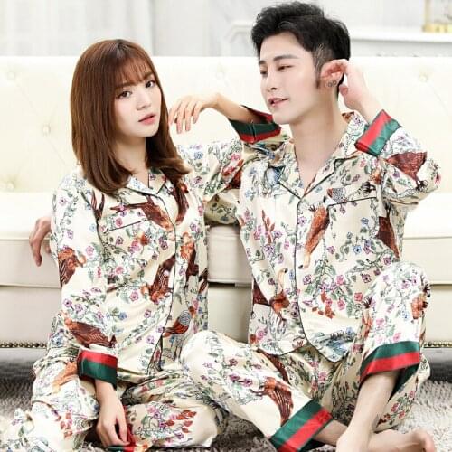 Lovers Printed Stain Pajama Sets Silk-like Long Sleeve Top and Pants Elegant Loungewear Women and Men Nightwear Unisex Homewear