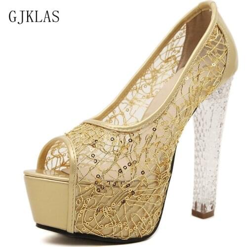 High Heel Platform Shoes Women Peep Toe Party Shoes for Women Sexy Heels Thick Sole Shoes Woman Black Gold Heels Woman Pumps