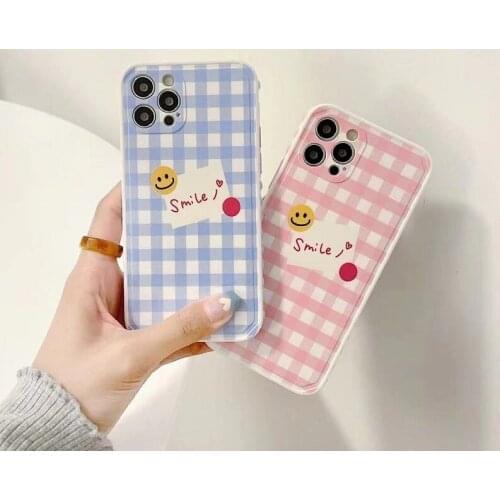 Japan style smiley face check pattern sweet side polka dot non-slip phone case for iPhone 12p 12 11 11p iPhone 7 8 X XS case