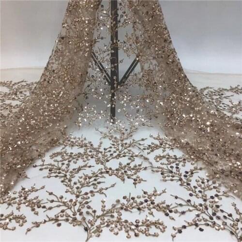 Embroiderd lace fabric with beads beautiful ZH-616815 Nigerian sequins lace fabric for bridal dress