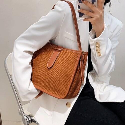 Women Corduroy Handbags High Quality Retro Brown Shoulder Bags Female Sac A Main Fashion Women Shoulder Bag Travel Bucket Bag
