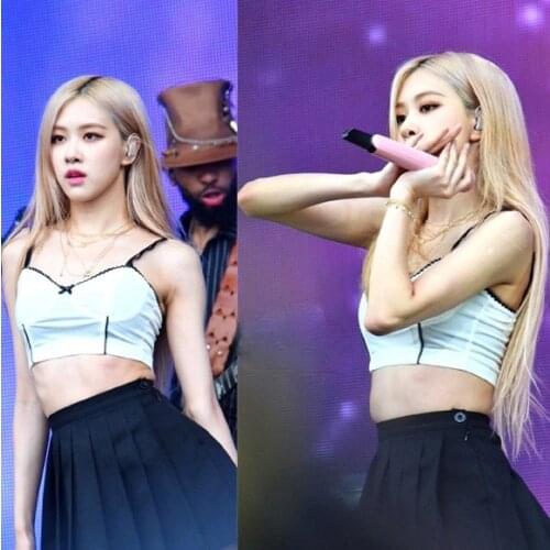 Kpop Korean Celebrity ROSE Sexy White Bowknot Strapless Slim V-Neck Sling Vest Tops+Black High Waist A-Line Mini Skirt Women Set