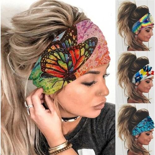 Bigsweety New Butterfly Printed Fitness Wide Turban Headband Women Hair Head Hoop Bands Wrap Accessories Scrunchy Headdress