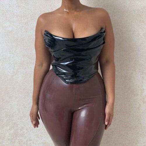 2021 Women PU Black Patent Boned Corset Crop Tops Sleeveless Backless Ruched Sexy Strapless Cami Crop Top Club Party Clothes