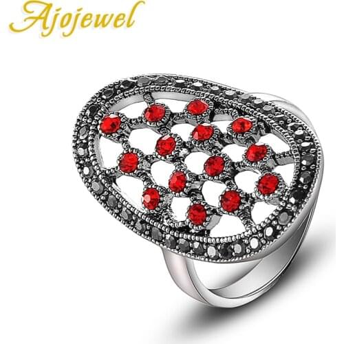 Ajojewel Quality Vintage Jewelry Womens Red/Black Crystal Rhinestones Black Mesh Ring US Size 6-8.5