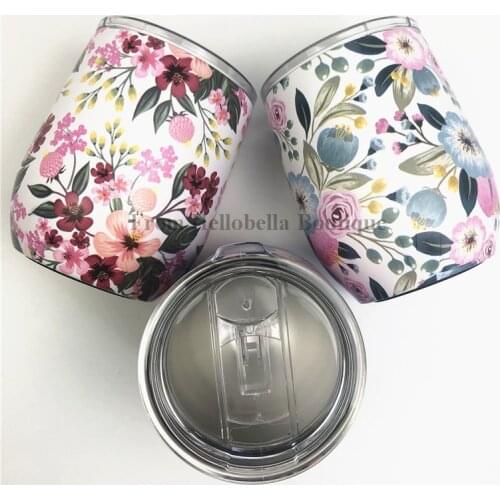 20pcs 12 Oz Double Insulated Stemless Floral Glass Stainless Steel Tumbler Cup Egg Vacuum Tumbler Flower Big Belly Wine Mug