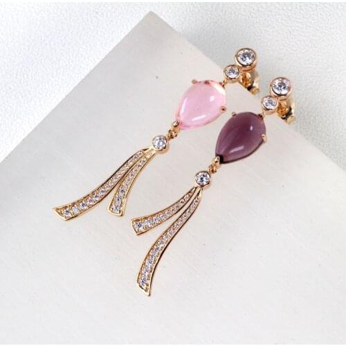 2021 pink purple drop asymmetric earrings with micro set pear-shaped dovetail ladies evening banqueting earrings