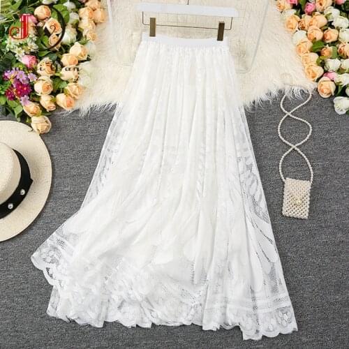 2021 Summer Solid Lace Skirt Women Sweet Mesh High Waist Elegant Office Ladies Korean A-Line Long Skirts Saias
