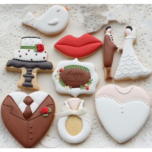 8pcs Kitchen patisserie reposteria Bride groom heart ring cupcake metal Cookie Cutter Fondant Cake Decor Biscuit Pastry Shop DIY